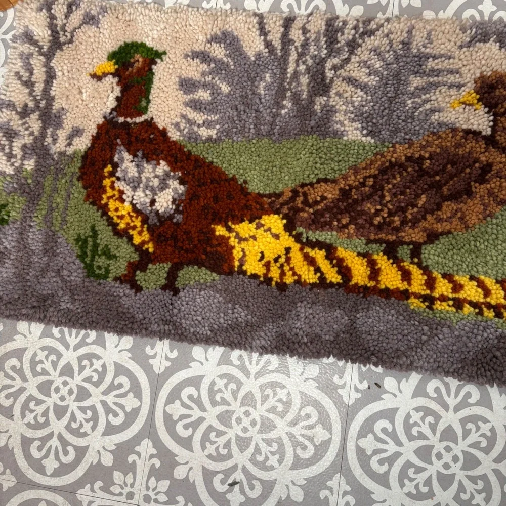Vintage Latch Hook Punch Needle Wall Hanging Pheasant Birds Forest Scene 43 x 22